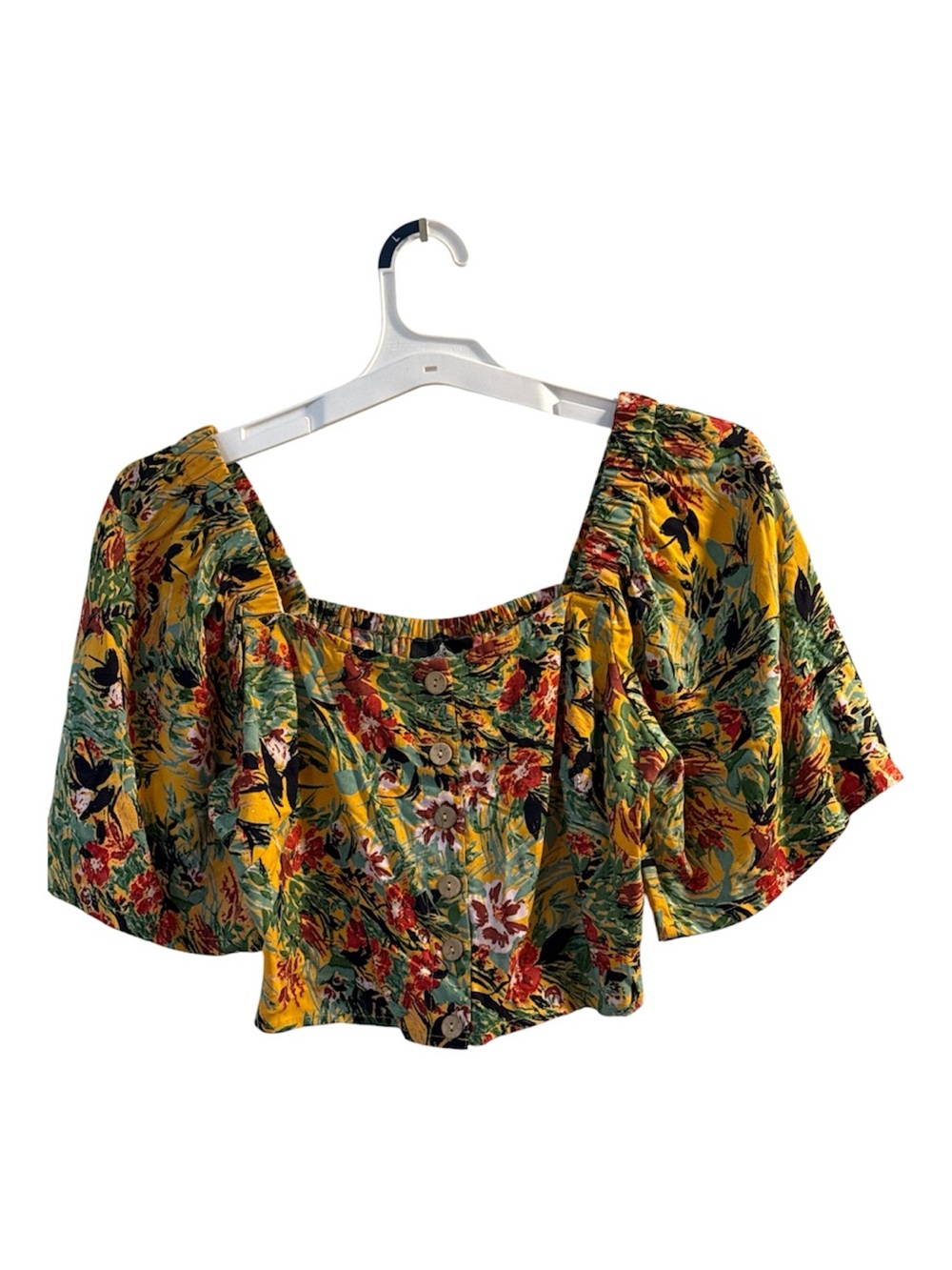 Angie Yellow Floral Square-Neck Button Up Crop Top